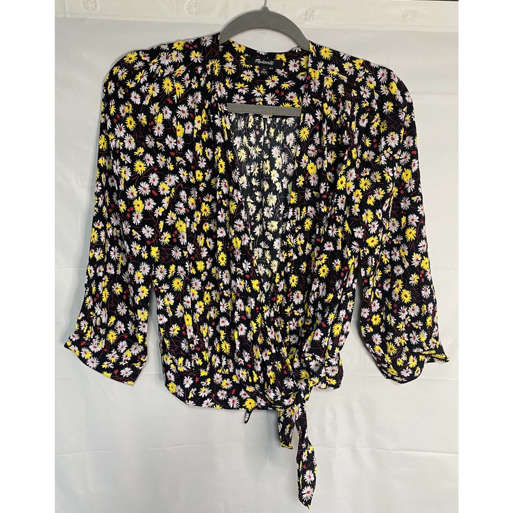 Madewell Women’s Wrap Top French Floral Sunflower Black Tie Front Size‎ XS